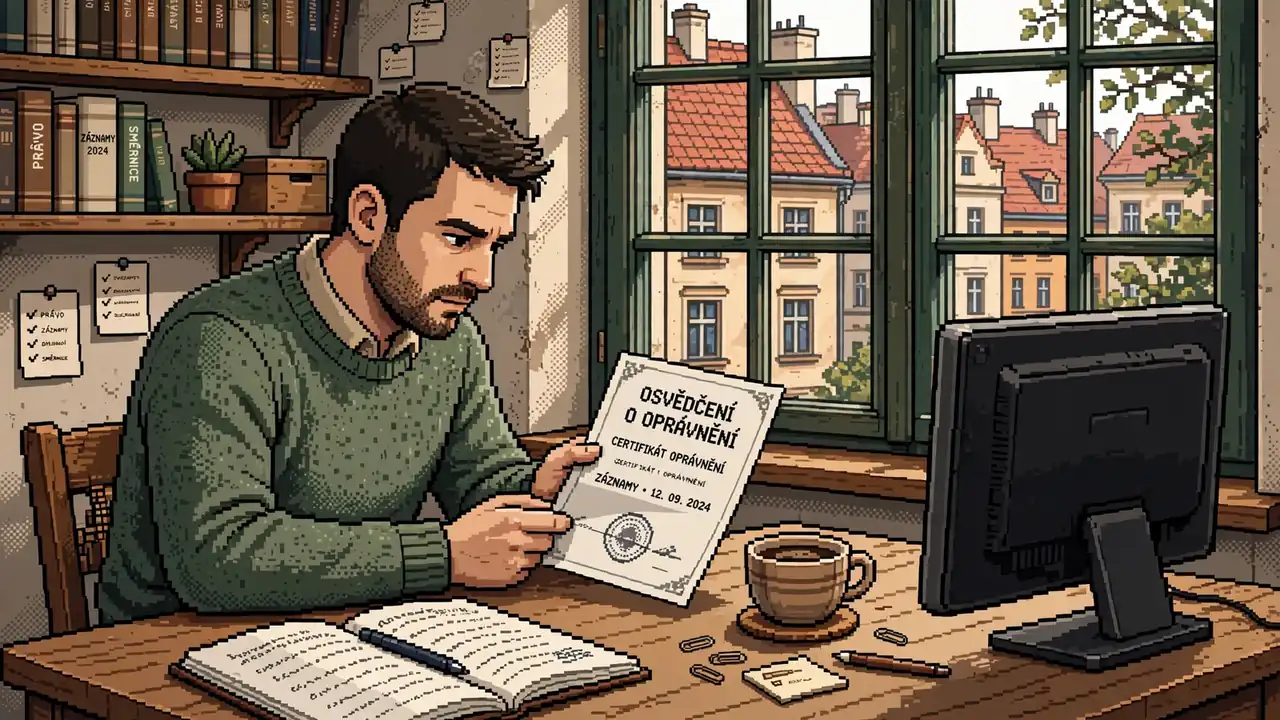 Člověk u stolu kontroluje tištěný certifikát